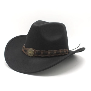 Western Cowboy Hat Woolen Felt Wide Brim Braided Belt Star Buckle Vintage Outdoor Style For Men Women