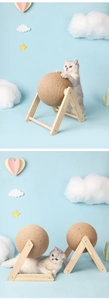 Detail of wooden cat scratcher toy with sisal ball showing durable v-shaped frame