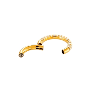 Golden titanium clicker piercing ring featuring three sides of sparkling zircon stones