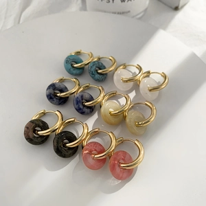 Stainless Steel 18K Gold Plated Hoop Earrings With Natural Stone Donut Pendant Vintage Chic Round Jewelry For Women