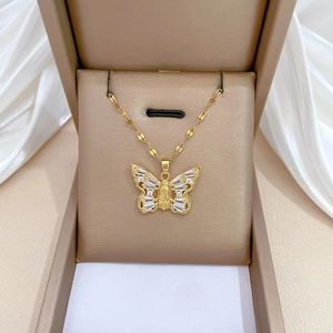 Butterfly Pendant Necklace Virgin Mary Guadalupe Stainless Steel Copper Gold Plated Zircon Religious Elegant Jewelry Women