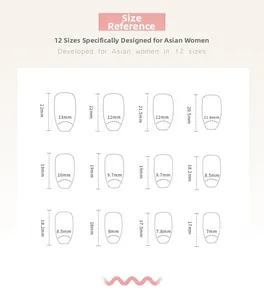Size chart showing 12 different dimensions for pearlescent press-on nail segments