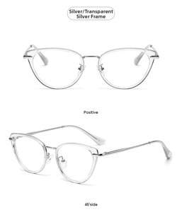 Front and 45-degree angle view of silver cat-eye glasses with transparent frames