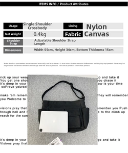Detailed size specifications of large black canvas messenger bag showing 55x34x15cm dimensions