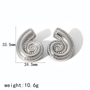Detailed view of silver stainless steel spiral shell earrings with size measurements