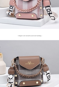 Vertical display of plaid crossbody bags with chain detail and printed fabric straps