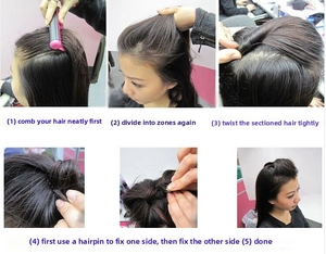 5-step guide showing how to use the hair styling tool for a perfect bun hairstyle