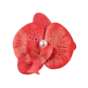 Detailed view of red fabric orchid hair clip with realistic petals and central pearl