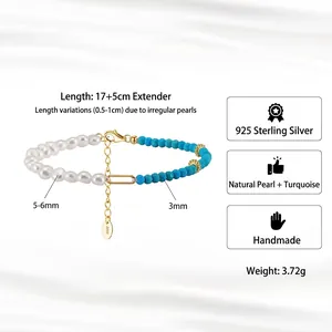 Handmade 925 sterling silver bracelet with baroque pearls and turquoise stones
