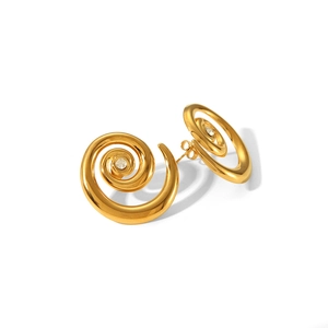 Elegant gold spiral stud earrings in stainless steel with center crystal stone accents