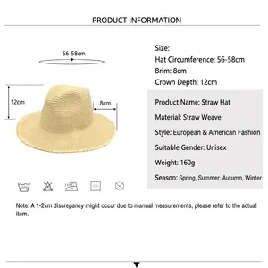 Unisex straw sun hat with frayed brim and jazz top, featuring detailed size measurements