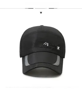 Detail of black breathable mesh baseball cap with Sports embroidery and reflective brim