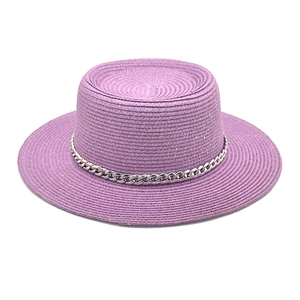 Flat Top Boater Straw Hat With Metal Chain Wide Brim Summer Sun Beach Sunshade Woven Jazz Fedora For Women Men
