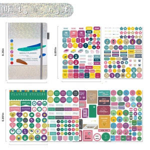 Undated monthly planner kit with glitter silver cover and six sheets of colorful stickers