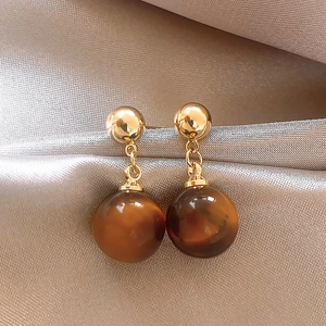 Tiger Eye Pendant Drop Earrings With Silver Earring Post 18K Real Gold Plated Retro Vintage Maillard Style For Women