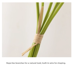 Detail of artificial camellia stems with twine binding and flexible wire interior