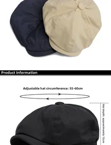 Size guide for vintage newsboy caps in black, navy, and beige with adjustable straps