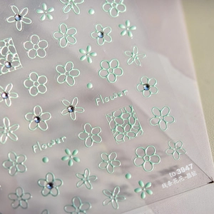 Détails de stickers nail art 3D vert menthe avec motifs floraux et strass brillants TO3947