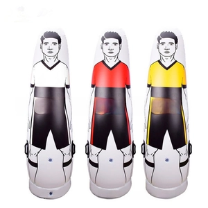 Three inflatable PVC soccer training dummies in red, yellow, and white with handles