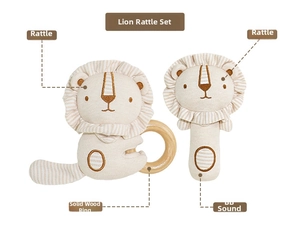 Detail of lion baby rattle set with natural wooden ring and knitted cotton texture