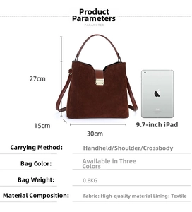 Brown suede shoulder bag shown with iPad for scale including detailed size measurements