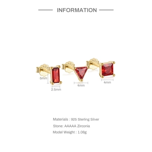 Detail of red cubic zirconia stud earrings in square triangle and rectangle shapes