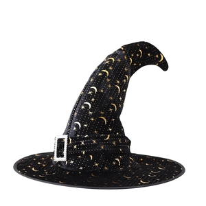 Velvet black wizard hat with gold moon star patterns and a sparkling silver buckle