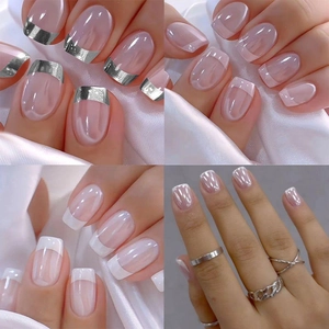 Classic French style press-on nails featuring silver edges, pink mirror finish, and gradients