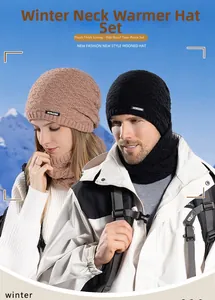 Winter knitted hat and neck warmer set with thick fleece lining for outdoor warmth
