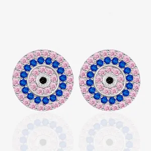 925 Sterling Silver Evil Eye Stud Earrings For Women Round Pink Blue Rhinestone Geometric Inlaid Fashion Jewelry Earrings