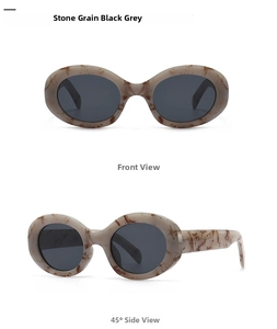 Front and side view of oval sunglasses with stone grain frames and dark grey lenses