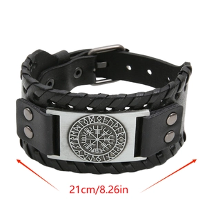 Viking compass leather bracelet with silver vegvisir charm and buckle closure 21cm length