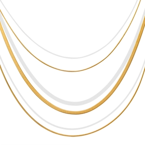 Three-layer golden snake bone chain necklaces in various widths on white background