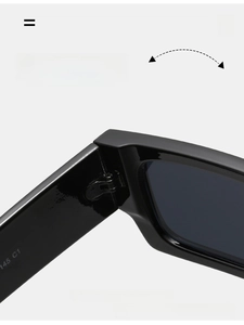 Macro shot of durable metal hinge on minimalist black square sunglasses with specs