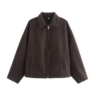 Vintage brown zip-up long sleeve short jacket with lapel collar and thick wool-like texture