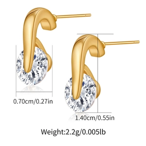 Detailed view showing dimensions and weight of gold crescent zircon stud earrings