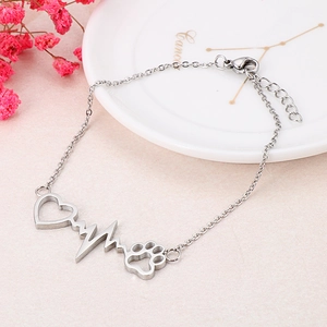 Detail of silver stainless steel bracelet featuring heart, heartbeat, and paw print charms