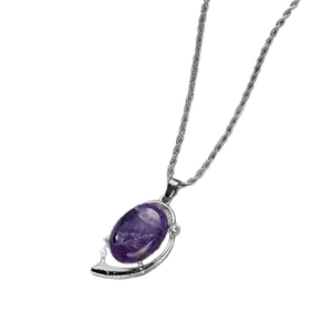 Vintage amethyst heart pendant necklace with silver twisted rope chain on white background