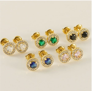 Close-up of five pairs of 18K gold-plated double-layer stud earrings with multi-color zircons
