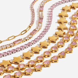 Stainless Steel Bracelet Heart Star Pink Cubic Zirconia Waterproof Jewelry For Women Stackable Retro Style