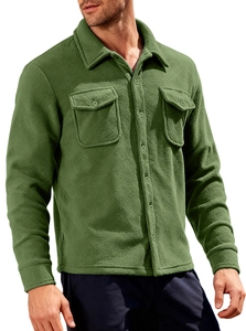 Detailed texture of olive green tactical fleece jacket for men with chest pockets