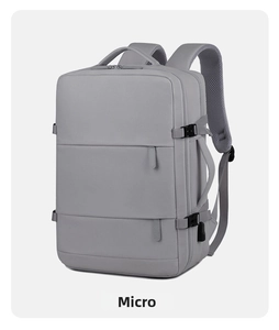 Grey travel business backpack side view details, large capacity multi-pocket travel bag.