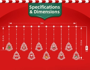 Detailed dimensions of 3m Christmas star LED string lights with USB power and themed icons