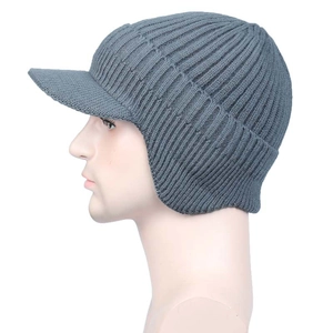 Detailed side view of grey ribbed knit beanie with ear flaps and short brim for winter wear