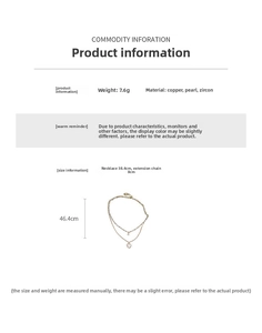 Tableau des tailles pour collier cœur avec zircon et perle, incluant poids et longueur