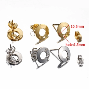 Golden and silver stainless steel round earring posts with holes for DIY jewelry making