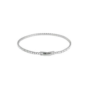 Elegant silver tennis bracelet with round cut clear crystals on white background