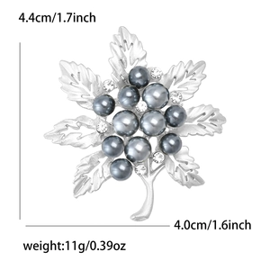 Elegant matte silver grape brooch with grey pearls and crystals, 4.4x4.0cm size display