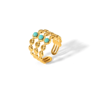 Anello aperto in acciaio inossidabile dorato stile boho con tre perle di turchese