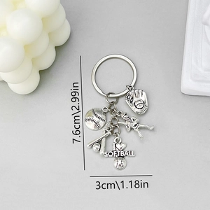 Antique silver softball keychain with bat and glove charms, 7.6cm height sport gift